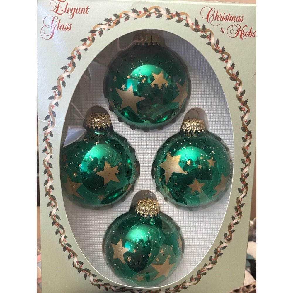 Vintage Christmas By Krebs Green & Gold Stars Decorated Glass Tree Ornaments